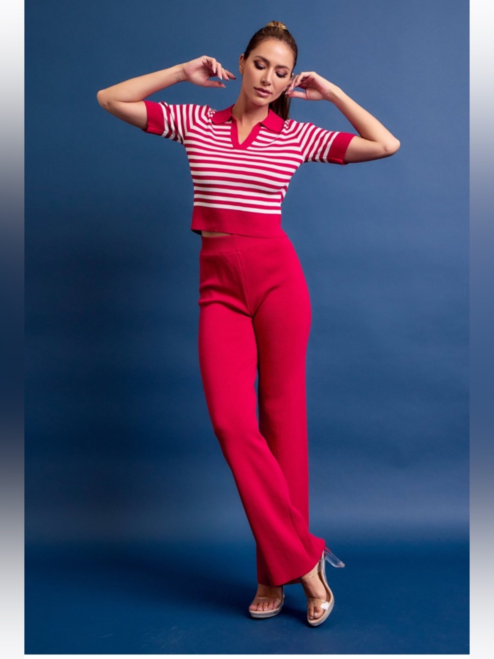 265. Calm Day Stripe Knit Top and Pants Set in red - Picture 4 of 7